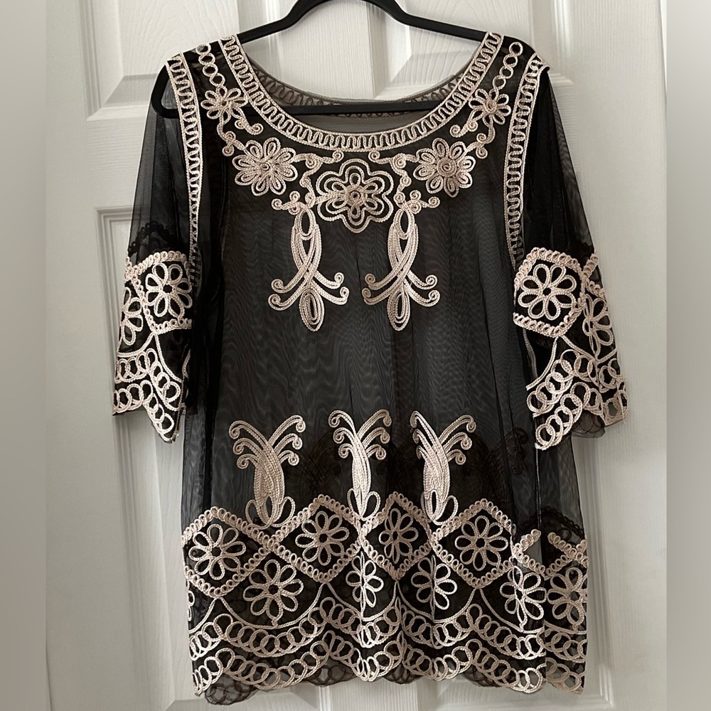 Black and Cream Embroidered Sheer Top
